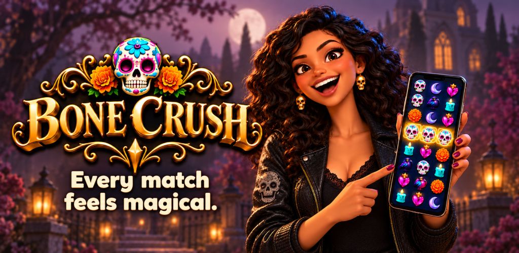 Bone Crush: Every match feels magical. A character holds a phone showing glowing matches.