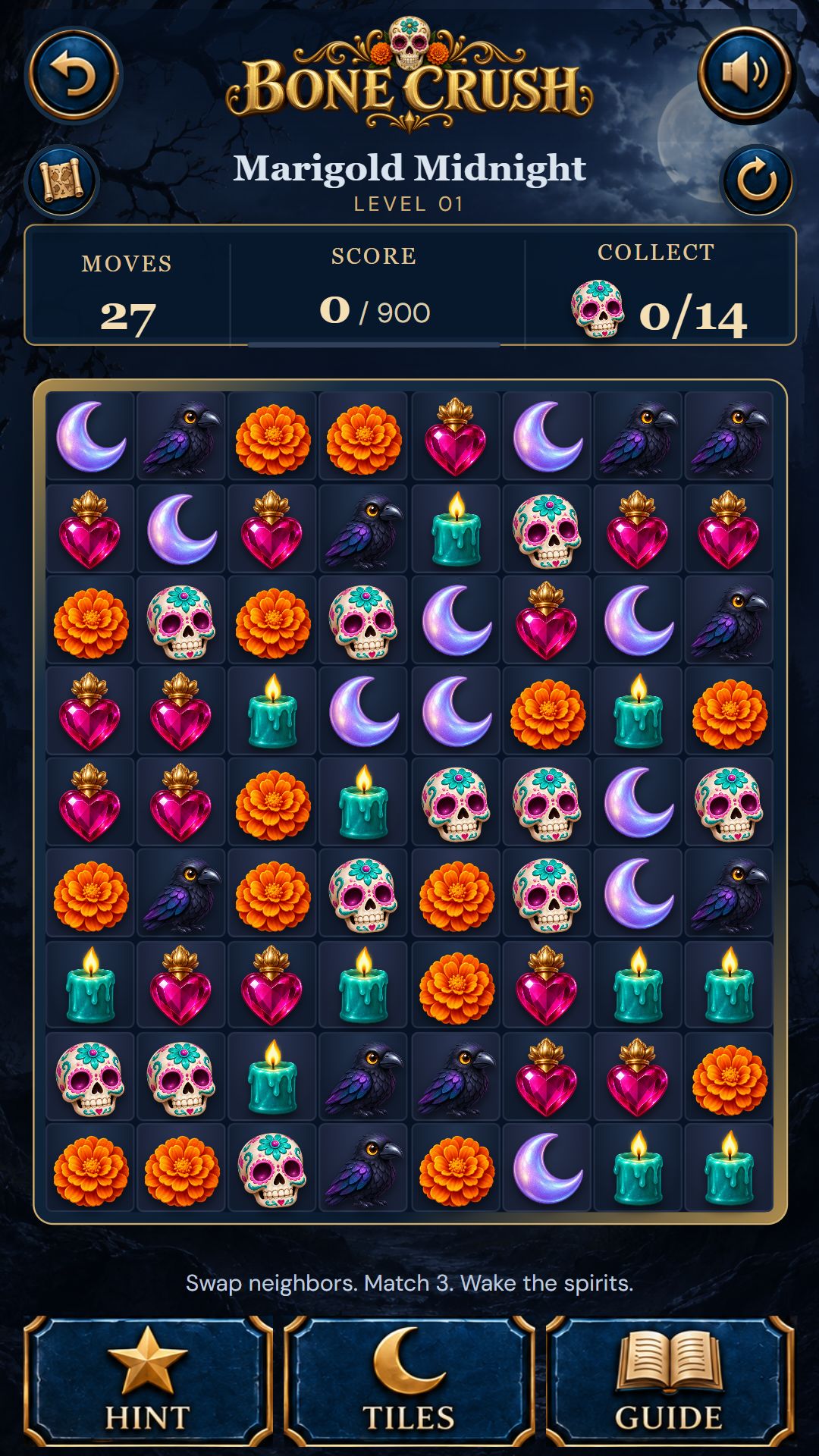 Bone Crush gameplay showing the Marigold Midnight board, moves, score, collection target, and Hint, Tiles, and Guide controls.