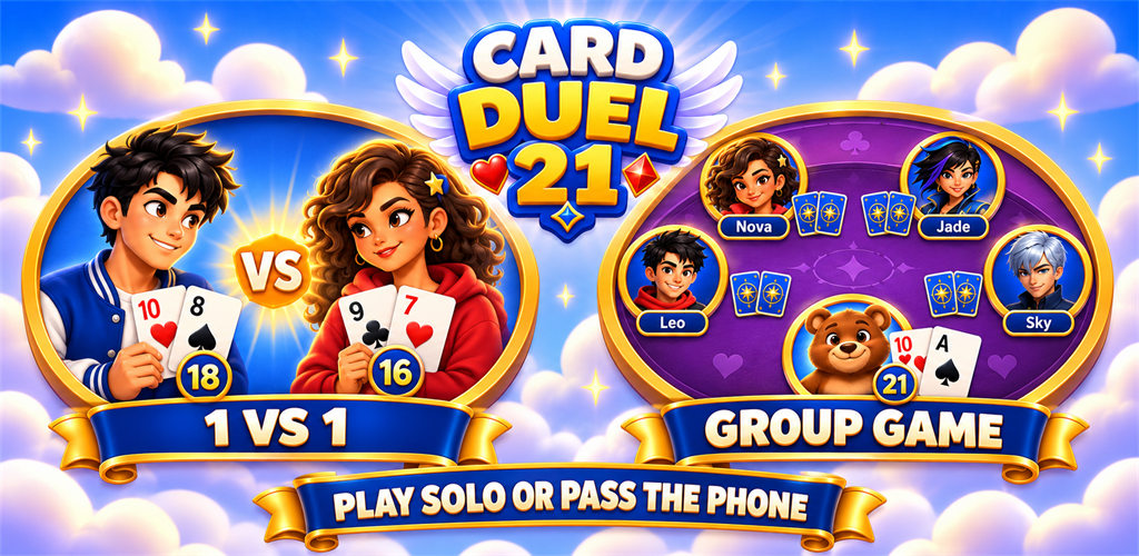 Card Duel 21: 1 vs 1 duels and five-player group games. Play solo or pass the phone.