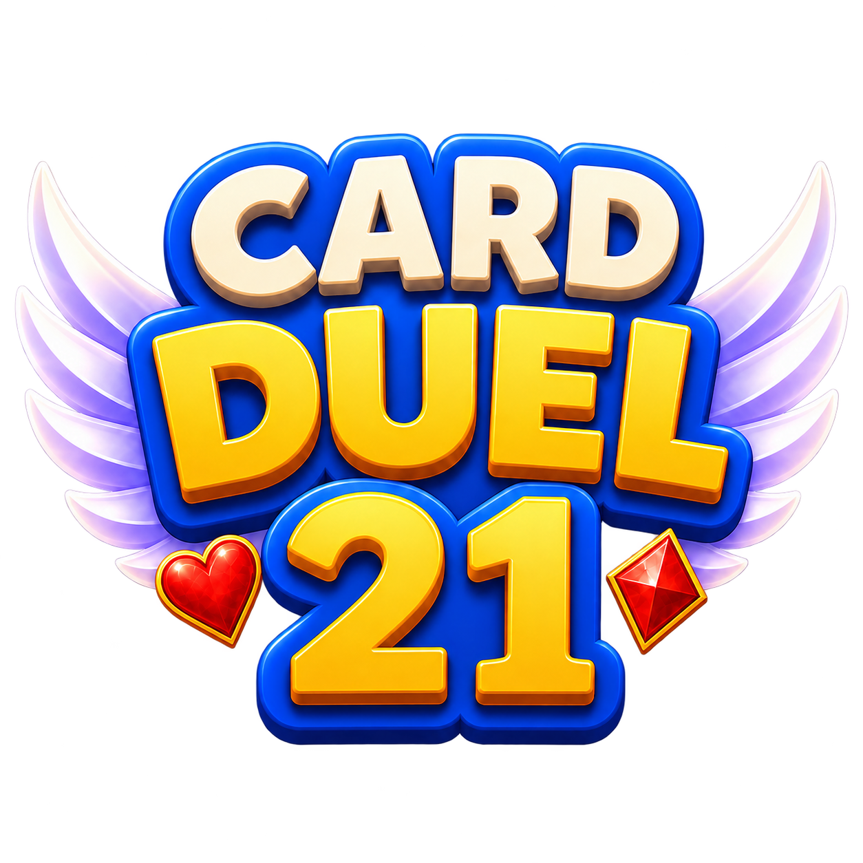 Card Duel 21 in the game’s iconic ivory and gold lettering with blue outlines and wings