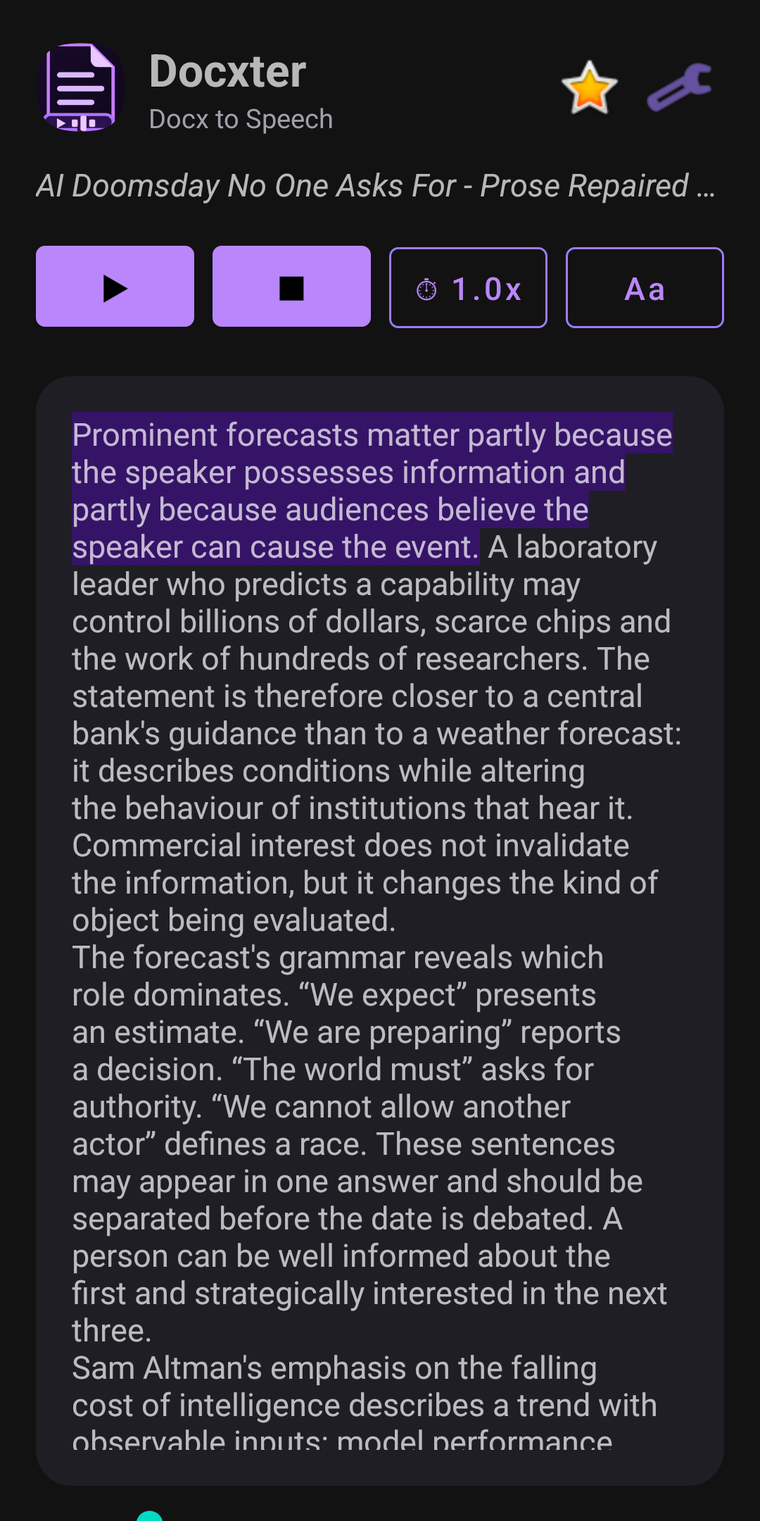 Docxter highlighting a bookmarked sentence