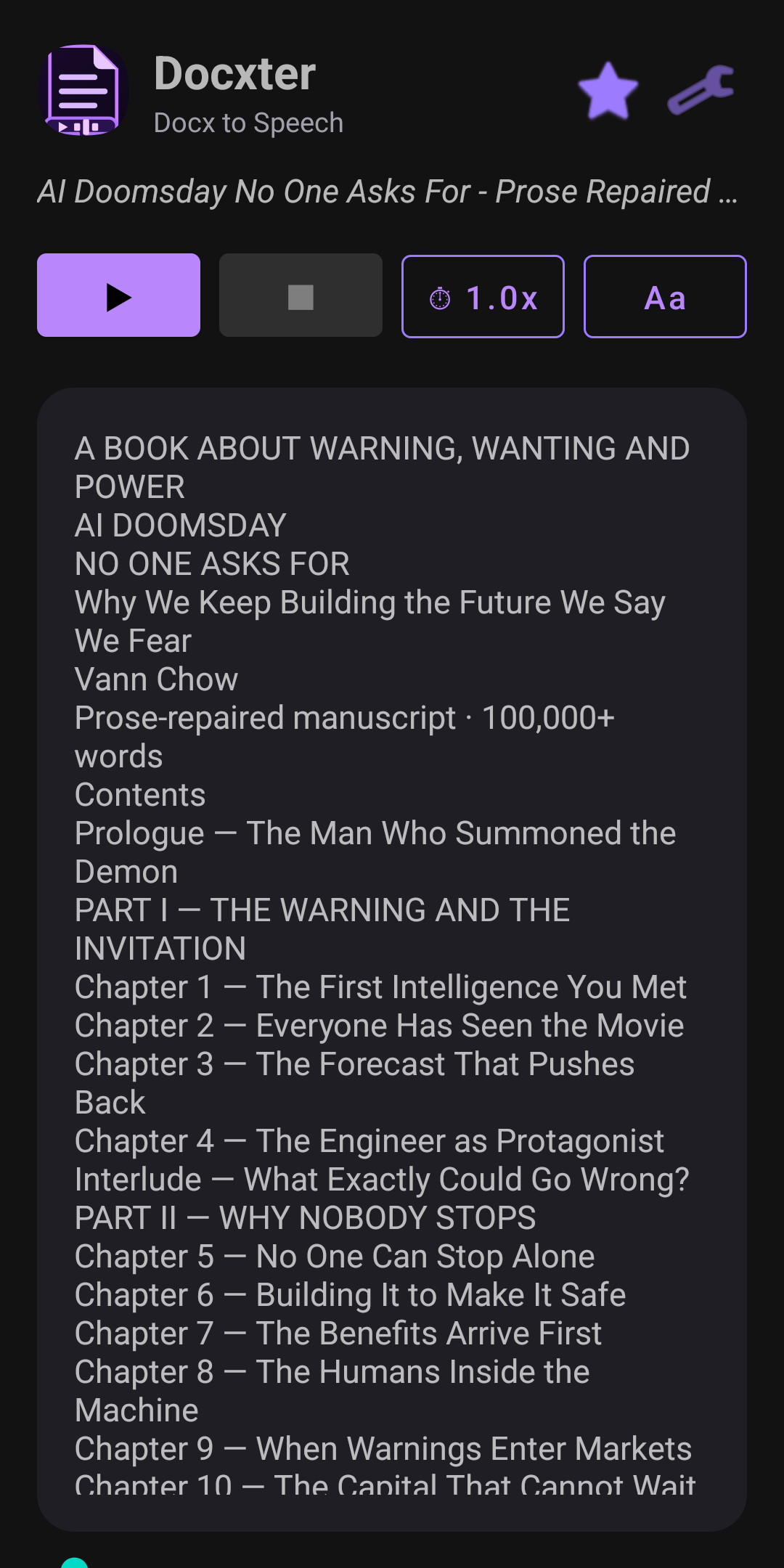Docxter showing a book's table of contents, ready to read