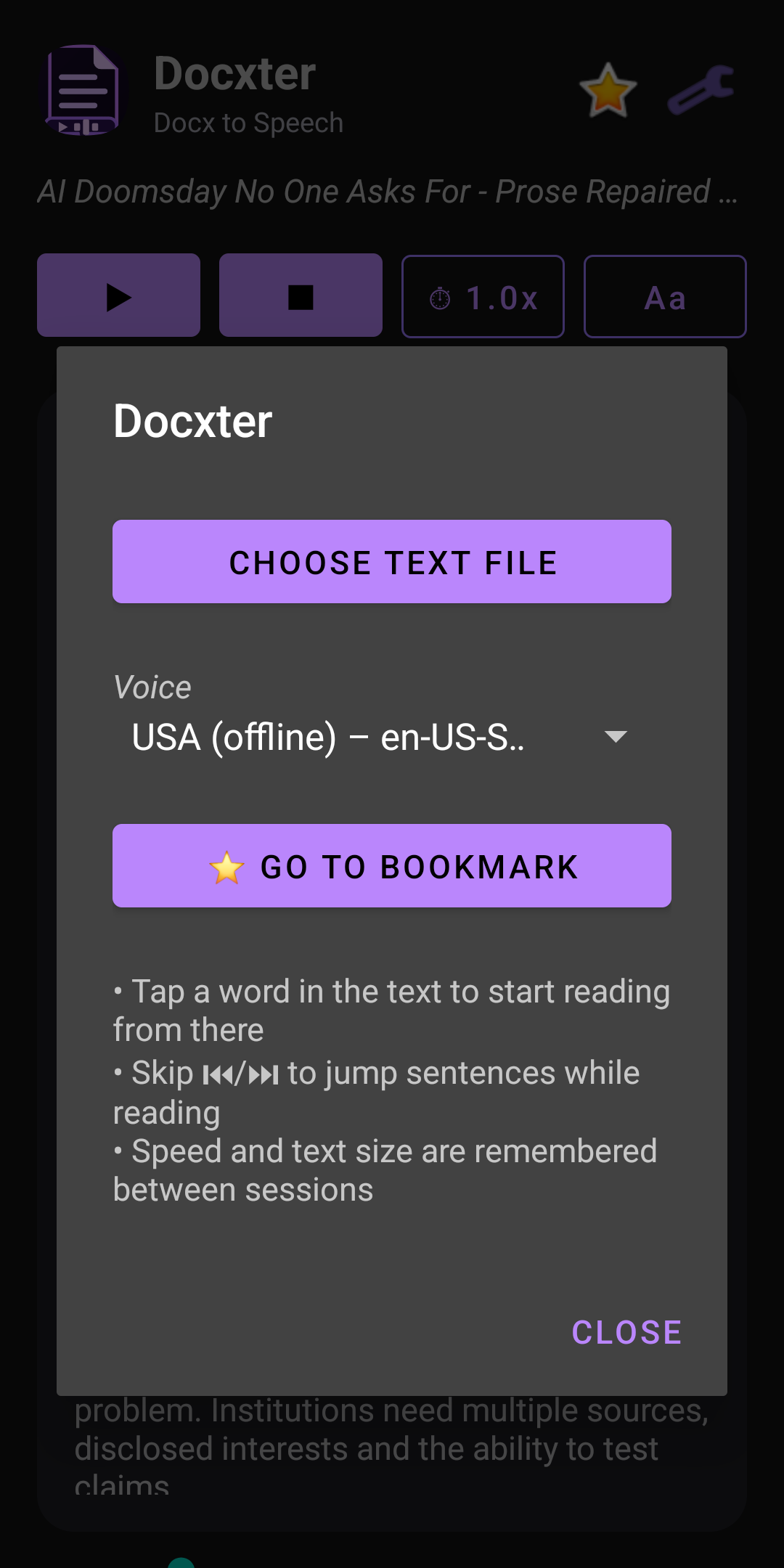 Docxter settings showing voice selection and bookmark jump