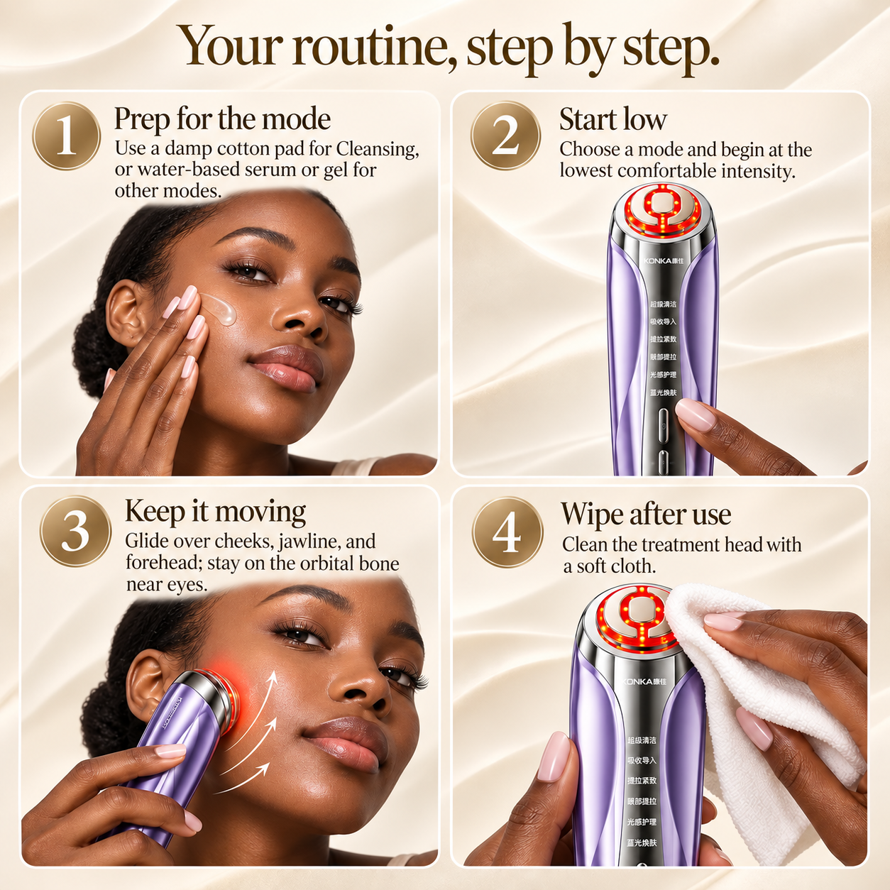How to prepare, operate, move, and clean the KONKA facial device