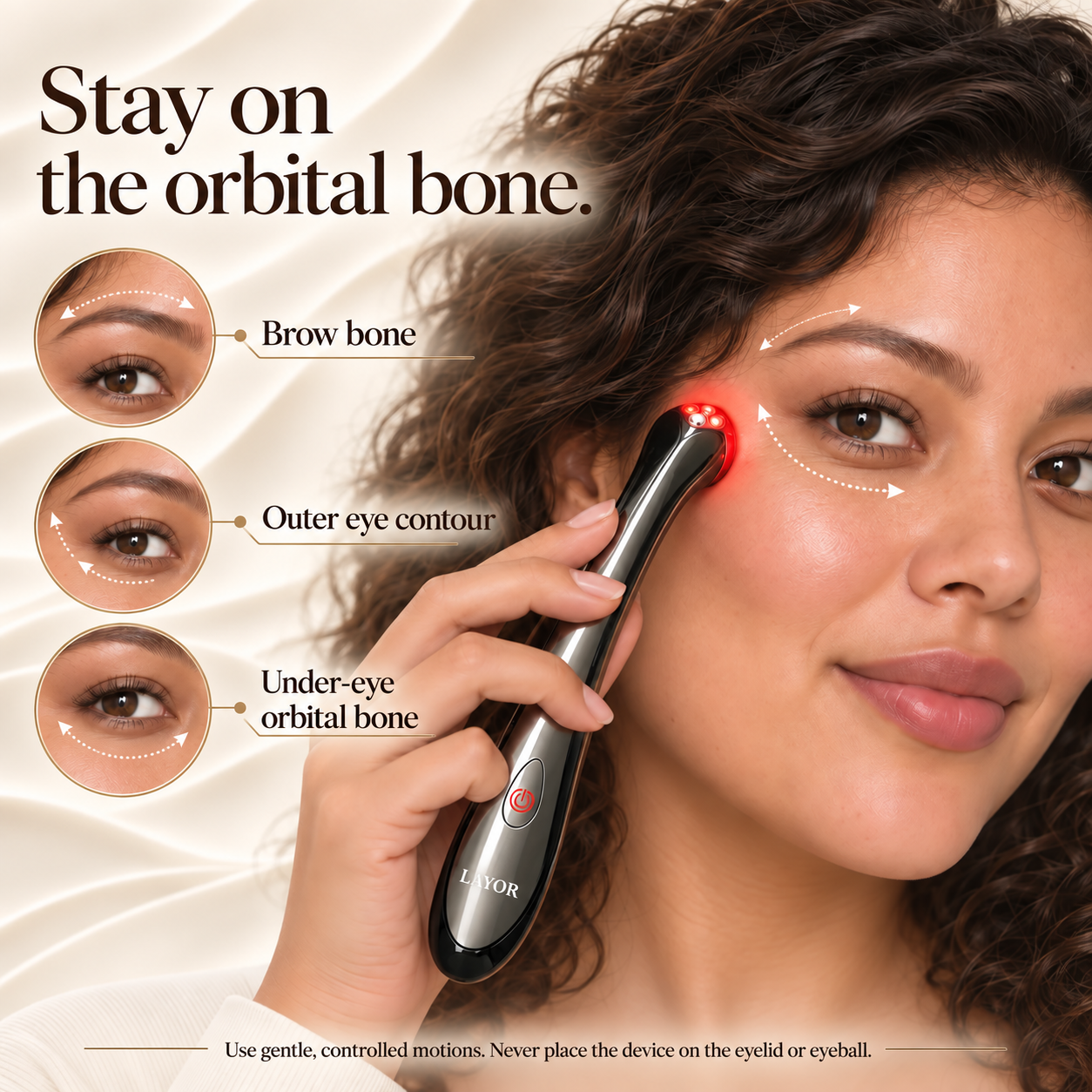 LAYOR placement along the brow bone, outer eye contour, and under-eye orbital bone