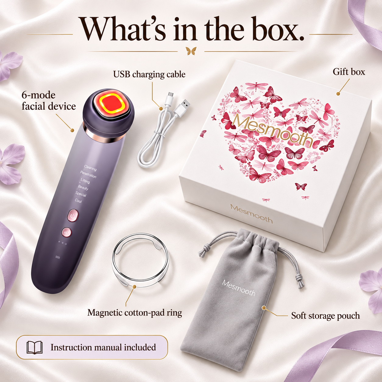 Mesmooth box contents including the facial device, USB charging cable, magnetic cotton-pad ring, storage pouch, gift box, and instruction manual