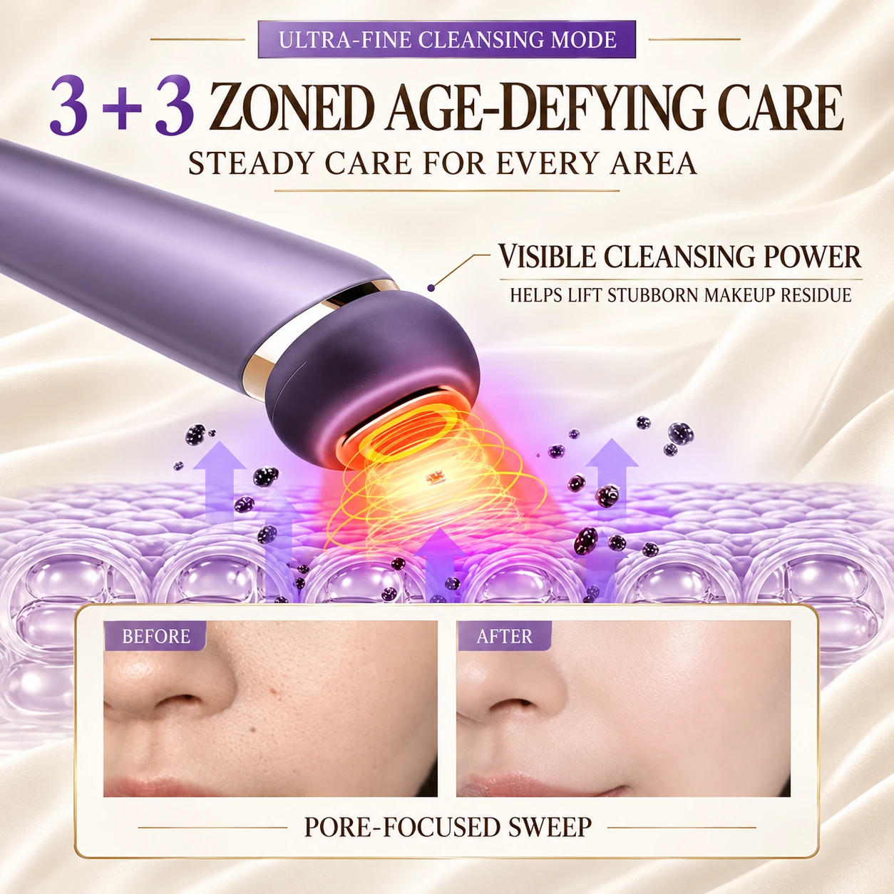 Translated cleansing-mode panel showing removal of surface makeup residue
