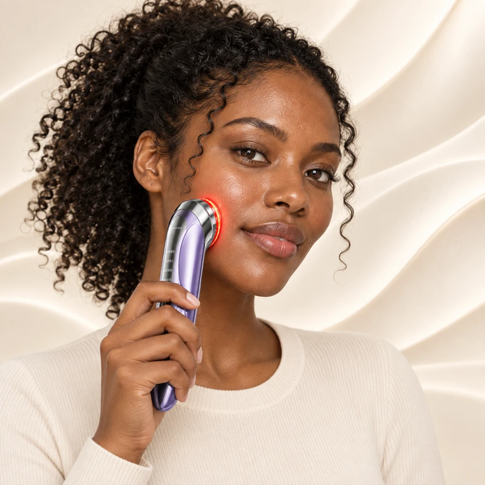 Model demonstrating the KONKA facial device against her cheek