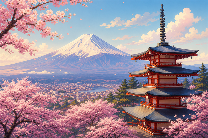 Japan destination art: Mount Fuji and cherry blossoms