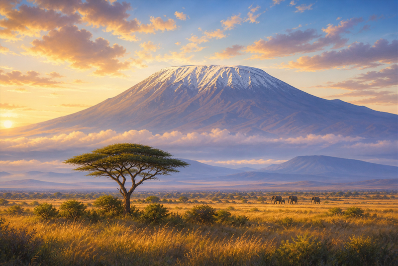Kilimanjaro destination art: snow-capped volcano