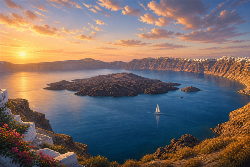 Santorini destination art: caldera at sunset